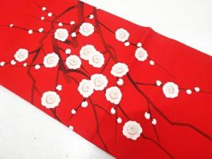 塩瀬　手描き　枝の実模様　開き名古屋帯